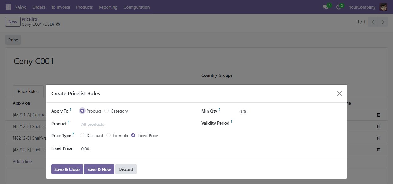 Cennik w Odoo 18: ta sama zmiana w oknie dialogowym.