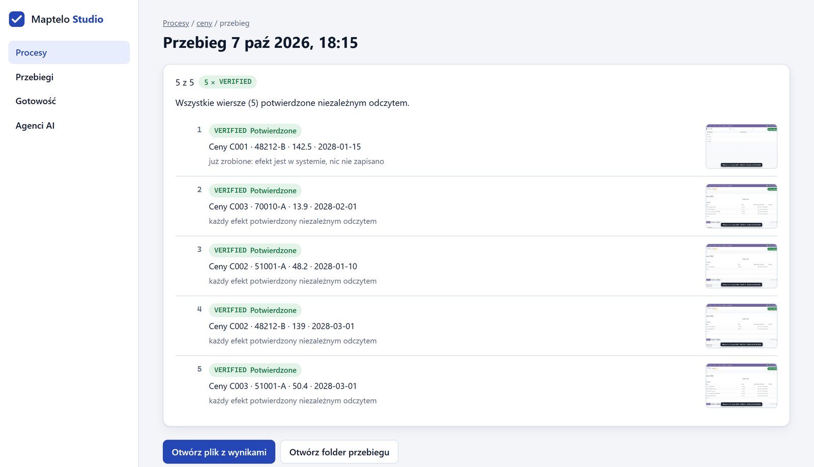 Maptelo Studio: przebieg pięciu wierszy arkusza, każdy z wynikiem VERIFIED i zrzutem ekranu.
